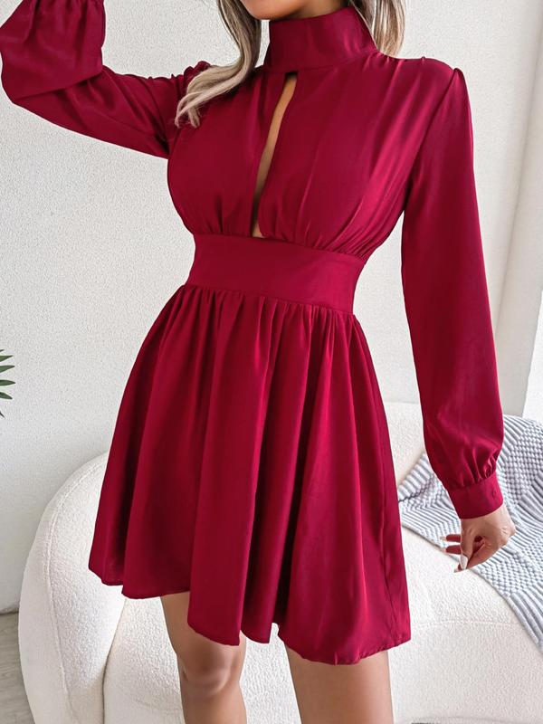 Women's Solid Cut Out High Neck A Line Dress, Elegant Fashion Casual Bishop Sleeve Short Dress for Daily Outdoor Wear, Ladies Dress for Spring Fall