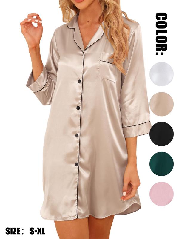 Women's Contrast Binding Lapel Satin Nightdress, Elegant Pocket Button Front Nightgown for All Seasons, Fashion Ladies' Sleepwear for Daily Wear