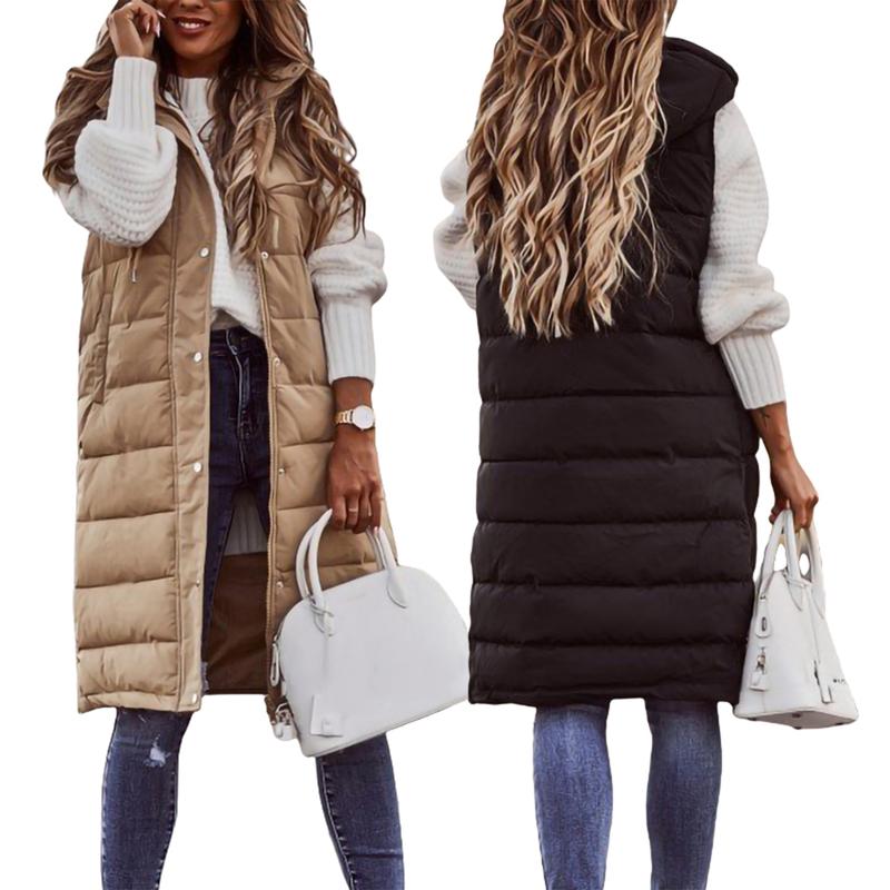 Womens Puffer Vest Winter Hooded Sleeveless Zip Up Long Puffy Jacket Warm Thick Quilted Coats with Pockets Casual Party Streetwear