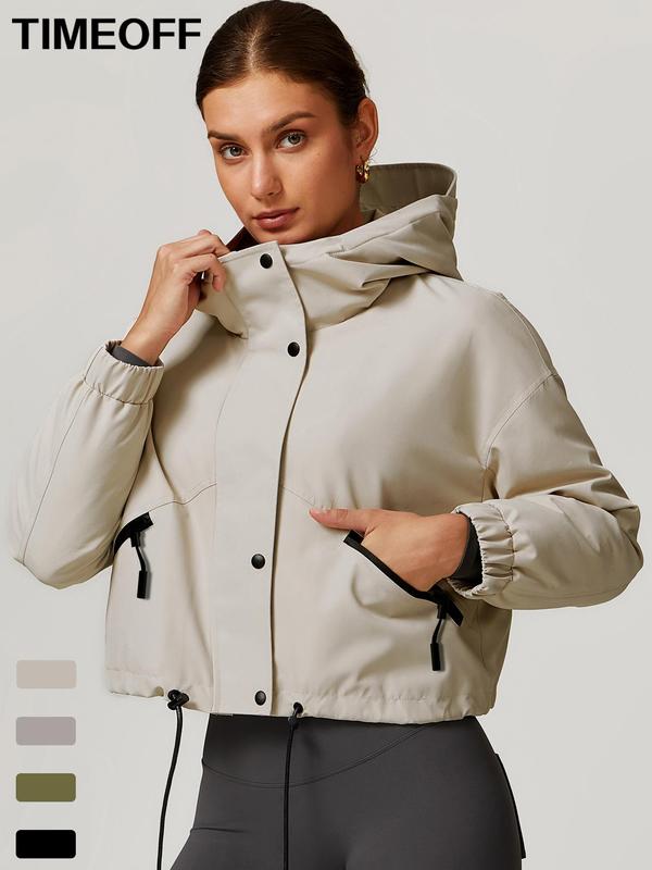 Women's Solid Button Front Hooded Sports Puffer Jacket, Casual Drop Shoulder Zipper Pocket Outerwear for Fall & Winter, Winter Clothes Women, Gym Wear, Women's Clothes for Outdoor Sports