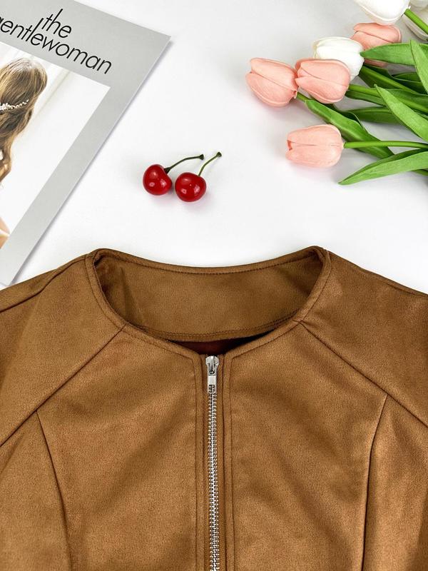 Women's Solid Zip Up Split Hem Crop Jacket, Casual Long Sleeve Round Neck Outerwear for Spring & Fall, Ladies Clothes for Daily Wear