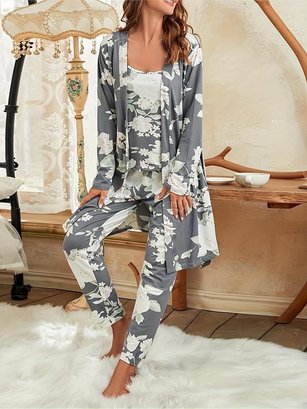 Three-Piece Set Women's Floral Print Belted Lounge Robe & Cami Top & Elastic Waist Pants Pyjama Set, Casual Comfy Lounge Set for Women, Women's Sleepwear for All Seasons