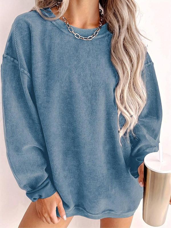  Women's Solid Color Drop Shoulder Pullover Sweatshirt, Casual Long Sleeve Round Neck Sweatshirt for Fall & Winter, Women's Clothing for Daily Wear