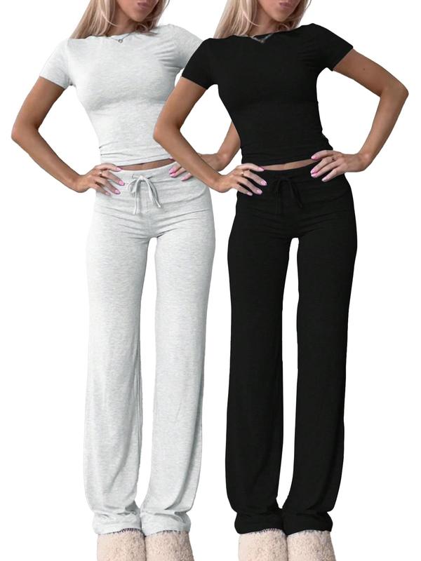 Women's Solid Drawstring Waist Pants & Crop Tee Set, Casual Comfy Round Neck Short Sleeve Top & Trousers for Daily Wear, Winter Clothes Women Set, Ladies Two-piece Outfits for All Seasons