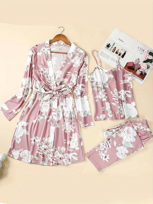 Three-Piece Set Women's Floral Print Belted Lounge Robe & Cami Top & Elastic Waist Pants Pyjama Set, Casual Comfy Lounge Set for Women, Women's Sleepwear for All Seasons