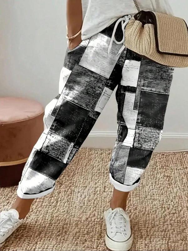  Colorblock Patchwork Print Drawstring Waist Pants, Casual Fashion Pocket Trousers, Women's Summer Bottoms for Daily Wear