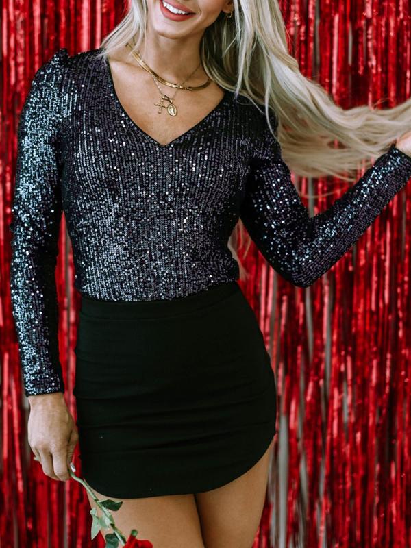 Women's Glitter Sequin Deep V Neck Bodysuit, Long Sleeve Bodysuit for Party Club Dating, Ladies Spring & Fall Clothes