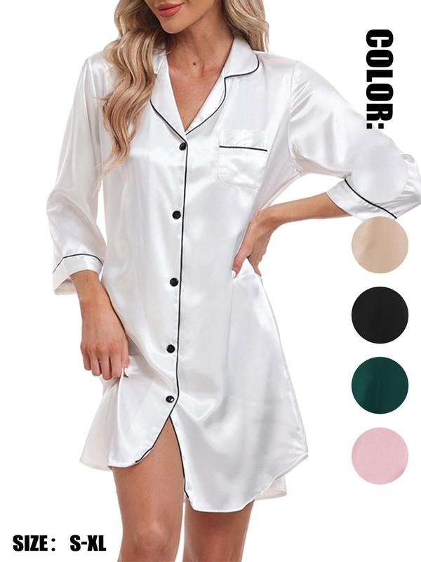 Women's Contrast Binding Lapel Satin Nightdress, Elegant Pocket Button Front Nightgown for All Seasons, Fashion Ladies' Sleepwear for Daily Wear