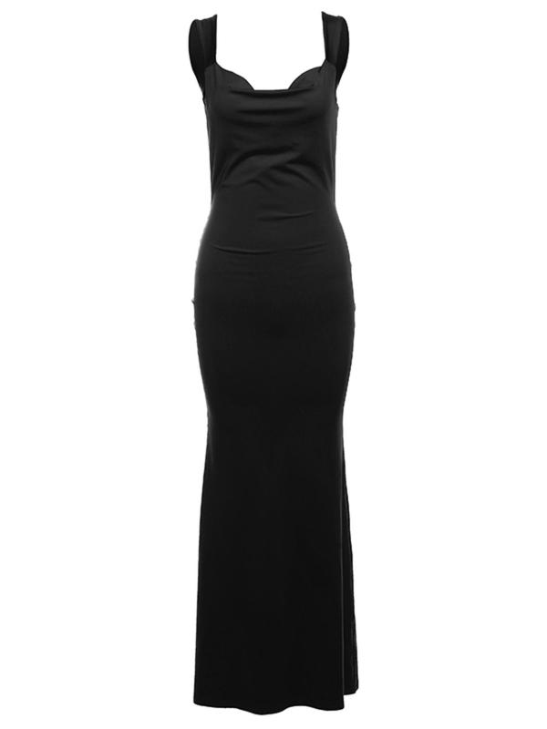 Women's Plain Bow Decor Backless Mermaid Dress, Elegant Cowl Neck Sleeveless Maxi Dress for Party Dating Wear, Ladies Clothes for All Seasons