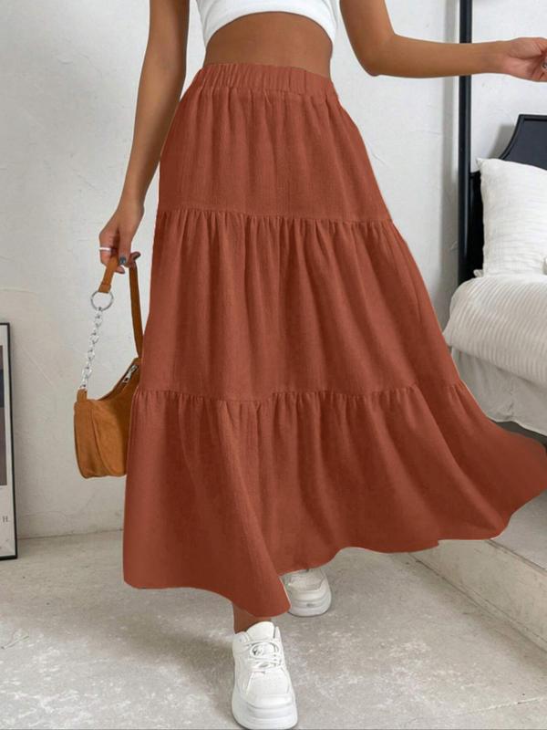 Women's Plain Ruffle Hem Flared Skirt, Casual High Waist Long Skirt, Fall Clothes, Summer Skirts for Women, Skirts for Summer, Ladies Bottoms for Daily Wear, Downtown Girl Clothes, Preppy 80s Clothes