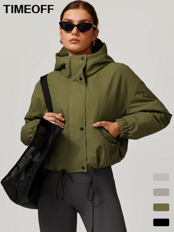 Women's Solid Button Front Hooded Sports Puffer Jacket, Casual Drop Shoulder Zipper Pocket Outerwear for Fall & Winter, Winter Clothes Women, Gym Wear, Women's Clothes for Outdoor Sports