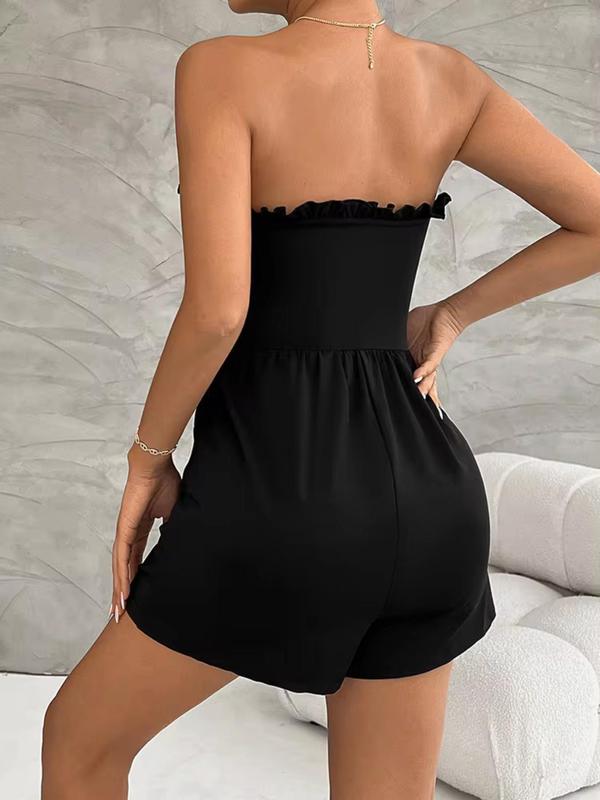 Women's Plain Frill Trim Ruched Tube Romper, Casual Fashion Backless High Waist Wide Leg Romper for Summer, Women's Clothes for Daily Wear