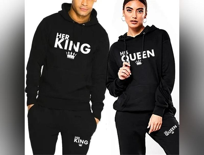 Lover Her QUEEN or His KING Printed Tracksuits Couple Hoodies Outfit Suits Casual Hooded Sweatshirt + Sweatpants Two Piece Set