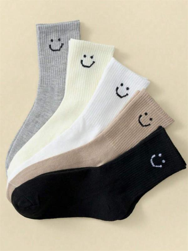 Women's 5 Pairs Cartoon Face Print Crew Socks, Cute Comfy Breathable Socks for Daily Wear, Women's Socks for All Seasons