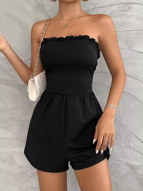 Women's Plain Frill Trim Ruched Tube Romper, Casual Fashion Backless High Waist Wide Leg Romper for Summer, Women's Clothes for Daily Wear