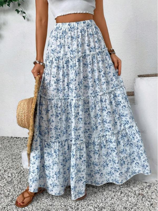 Women's Ditsy Floral Print Frill Trim Ruffle Hem Tiered Layer A Line Skirt, Boho Fashion Elastic Waist Long Skirt for Beach Holiday Vacation, Ladies Bottoms for All Seasons