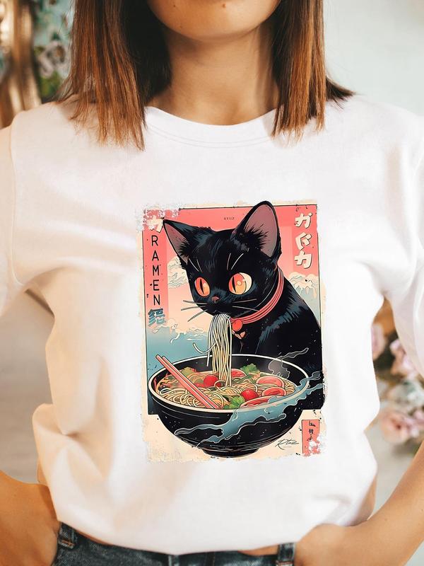 Women's Cartoon Cat & Ramen Print Round Neck Tee, Fashion Casual Drop Shoulder Short Sleeve T-shirt, Ladies Summer Clothes for Daily Wear