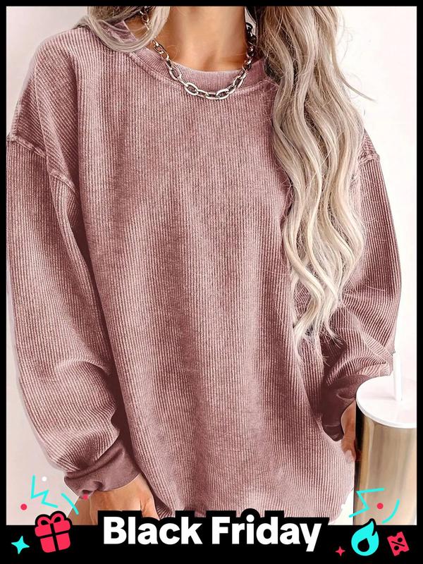  Women's Solid Color Drop Shoulder Pullover Sweatshirt, Casual Long Sleeve Round Neck Sweatshirt for Fall & Winter, Women's Clothing for Daily Wear