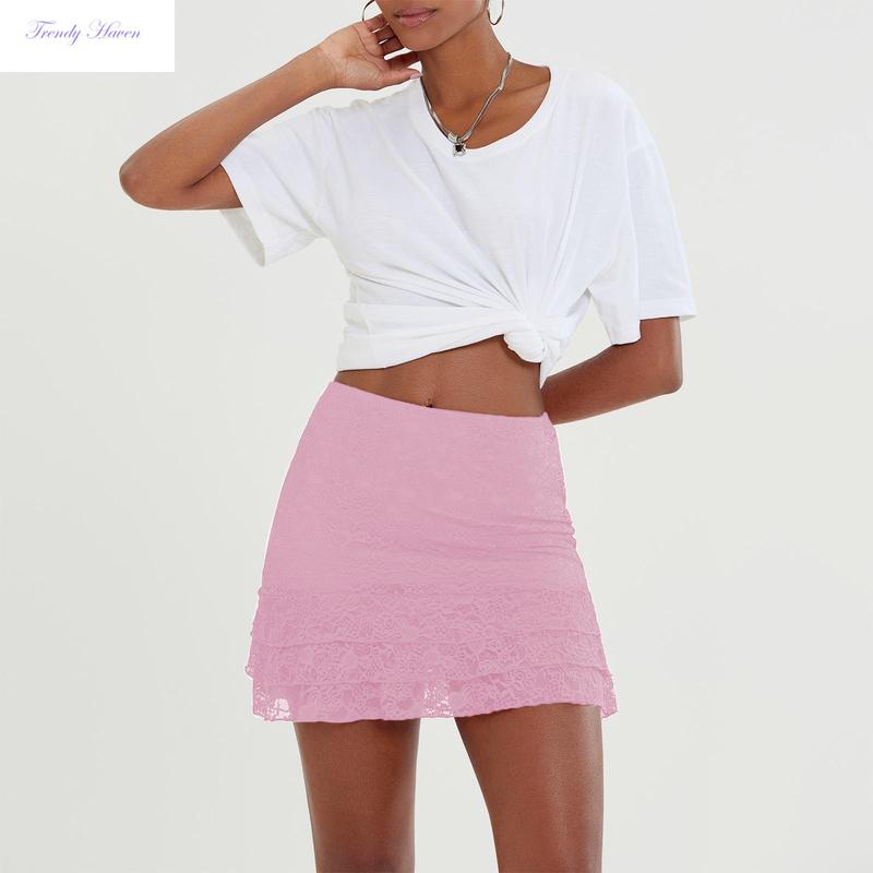 Women's Fashion Mini Skirts Lace Ruffles Skirts Summer Fashion Casual Skirts Streetwear Square Neck