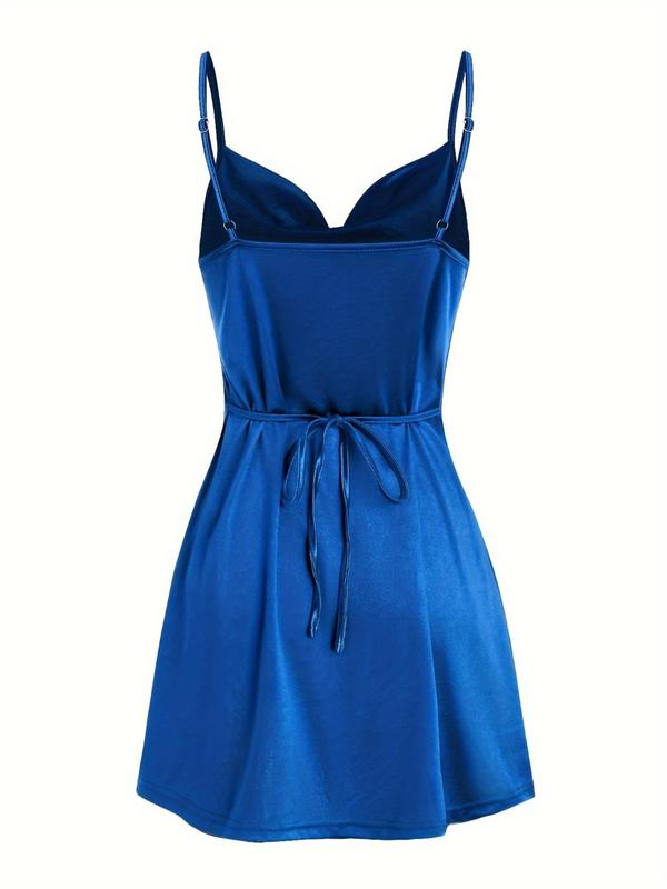 Women's Cowl Neck Satin Cami Dress, Elegant Adjustable Strap Tie Back Short Dress, Summer Outfits, Ladies Summer Clothes Christmas