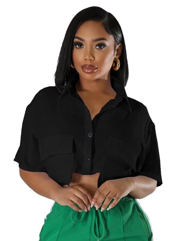 Women's Plain Flap Pocket Button Front Crop Shirt, Casual Short Sleeve Collared Top for Daily Wear, Fall Tops, Ladies Clothes for All Seasons, Y2k Clothing