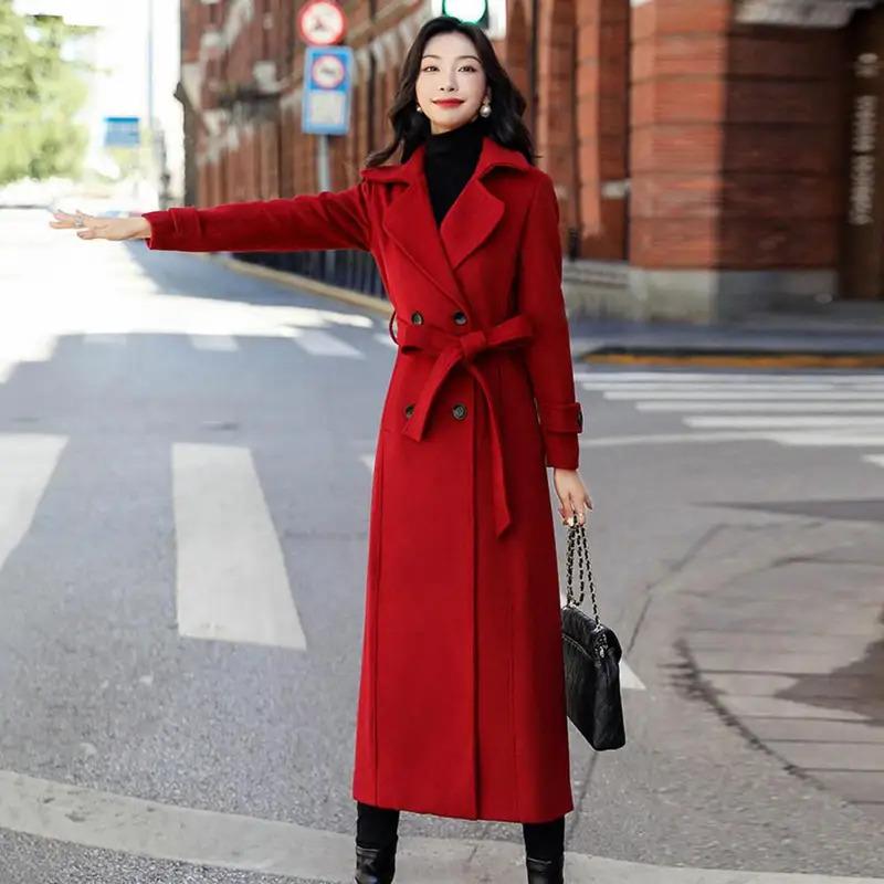 Winter Overcoat Elegant Double-breasted Waist Belt Long Woolen Jacket Fashion Thermal Thick Women Trench Coat Winter Wool Coat