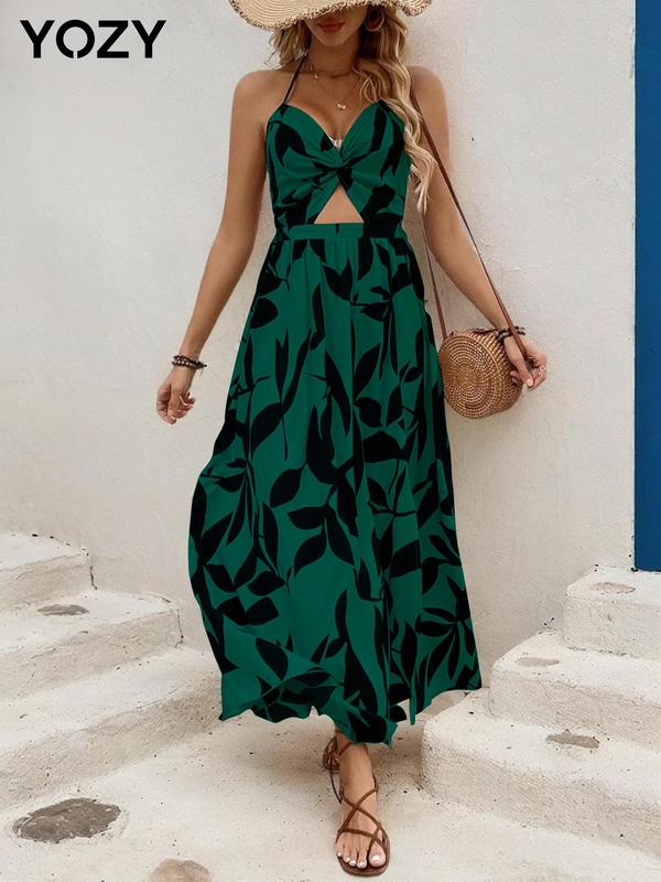 YOZY Christmas Deals, Leaf Print Backless Cut Out Twist Dress, Dresses for Women, Elegant Halter Neck Tie Dress, 2024 Women's Vacation & Holiday Wear for Summer's Beach, Christmas 2024 Trend, Fall & Winter Clothes