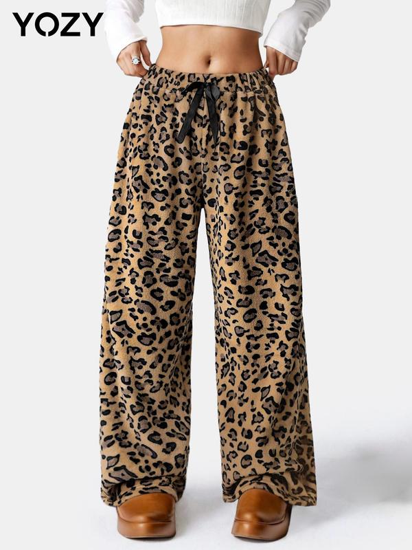 YOZY Women's Leopard Print Drawstring Waist Thermal Lined Pants, Casual Comfy Trousers for Fall & Winter, Women's Bottoms for Daily Wear