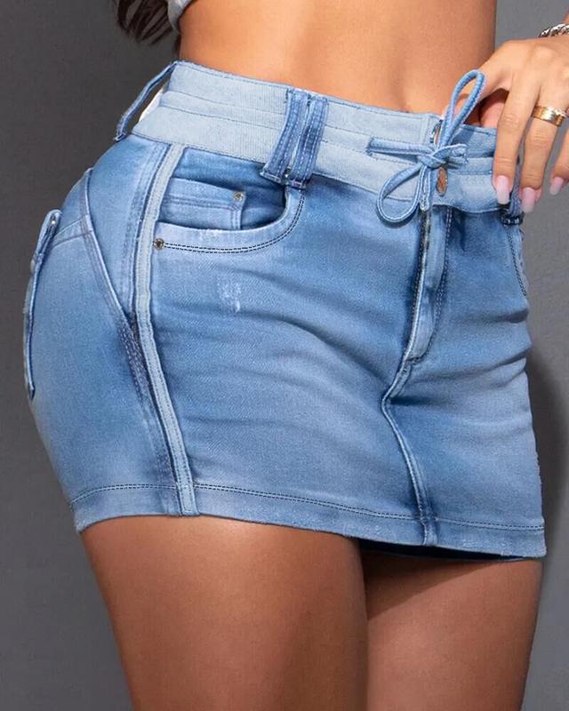 ChicMe Skort for Women Drawstring Adjustable Waist Casual Denim Skirt Skort Jean Mini Skirt Comfort Fit