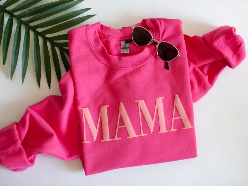 Mama sweatshirt, mom gift, pink mama sweatshirt, girl mom sweatshirt, puff print, pink on pink Fit Womenswear Comfy