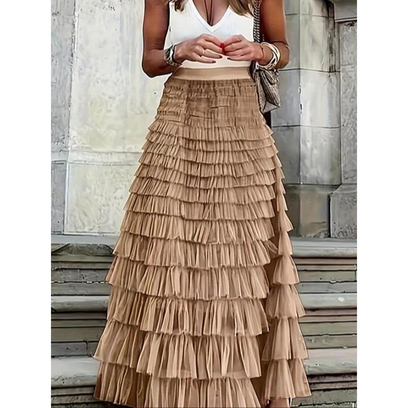 Women's Basic Minimalist Plain Ruffle Hem Tiered Layer Skirt, Lady Elegant Comfort High Waist Long Skirt for Vacation Holiday Party, Skirts for Women, Ladies Bottoms for Fall, Womenswear