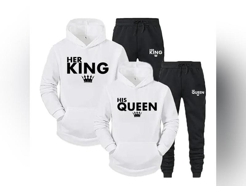 Lover Her QUEEN or His KING Printed Tracksuits Couple Hoodies Outfit Suits Casual Hooded Sweatshirt + Sweatpants Two Piece Set