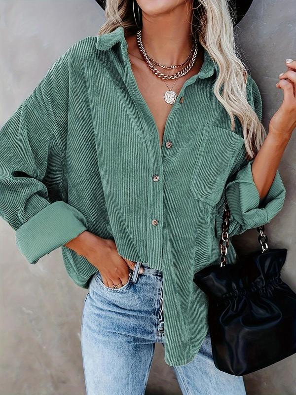 Women's Plain Pocket Button Front Corduroy Shirt, Fall Clothes, Casual Drop Shoulder Long Sleeve Blouse Top for Fall, Ladies Clothes for Daily Wear, Downtown Girl Clothes, Preppy 80s Clothes