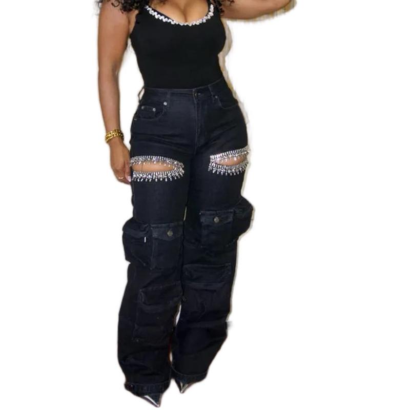 Women's Hollow Rhinestone Cargos Jeans - Perfect for Any Occasion - Bottom, Womenswear