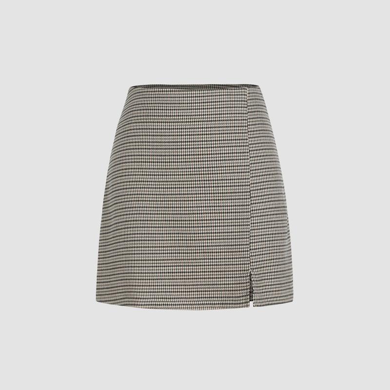 Cider [3 colors, Size 2-26] Houndstooth High Waist Split Mini Skirt