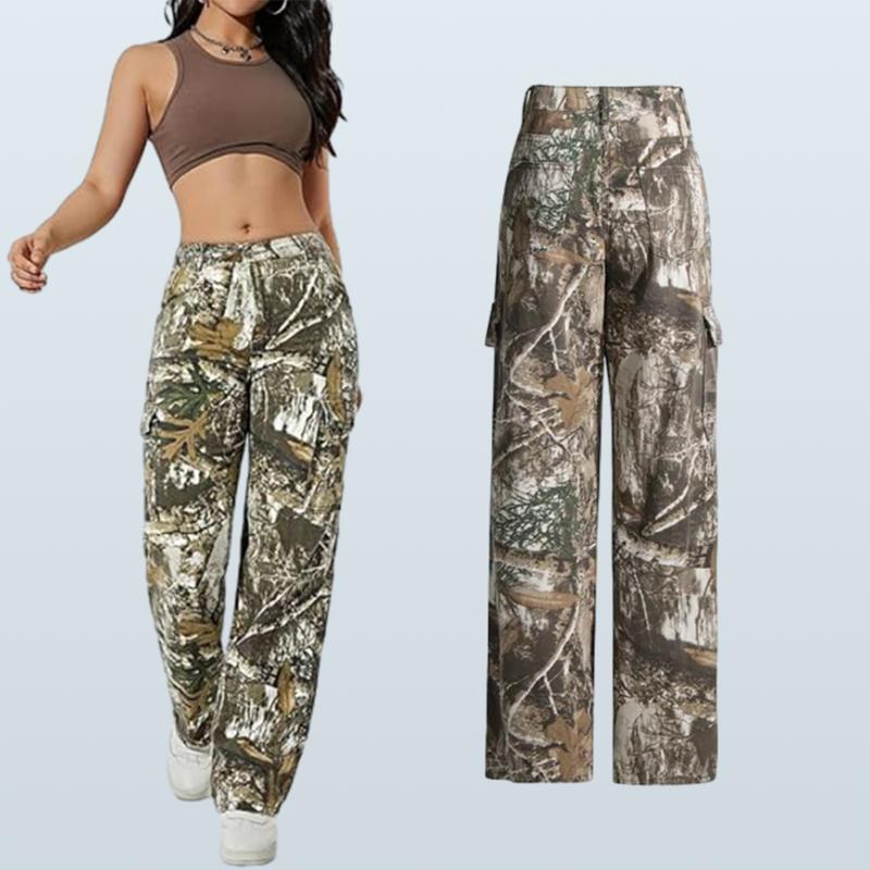 Camouflage jeans women's high waist patchwork button color matching loose wide-leg pants Embroidery print camouflage pants 2024 spring new fashion mid-waist splicing zipper casual loose straight pants