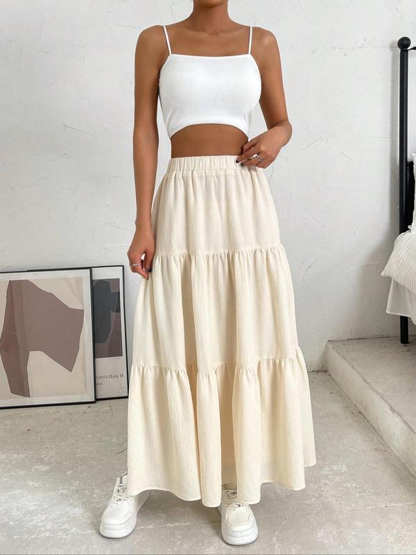 Women's Plain Ruffle Hem Flared Skirt, Casual High Waist Long Skirt, Fall Clothes, Summer Skirts for Women, Skirts for Summer, Ladies Bottoms for Daily Wear, Downtown Girl Clothes, Preppy 80s Clothes