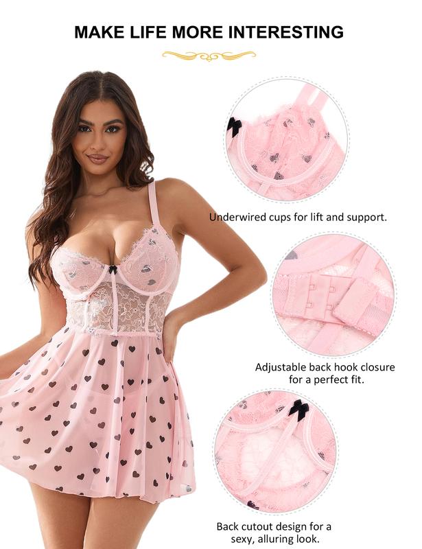 ohyeah Lingerie for Women Mesh Lace Babydoll Sleepwear V-Neck Underwire Chemise Halter Mesh Nightdress Nighty S-XXL Christmas Giftideas Christmasgift