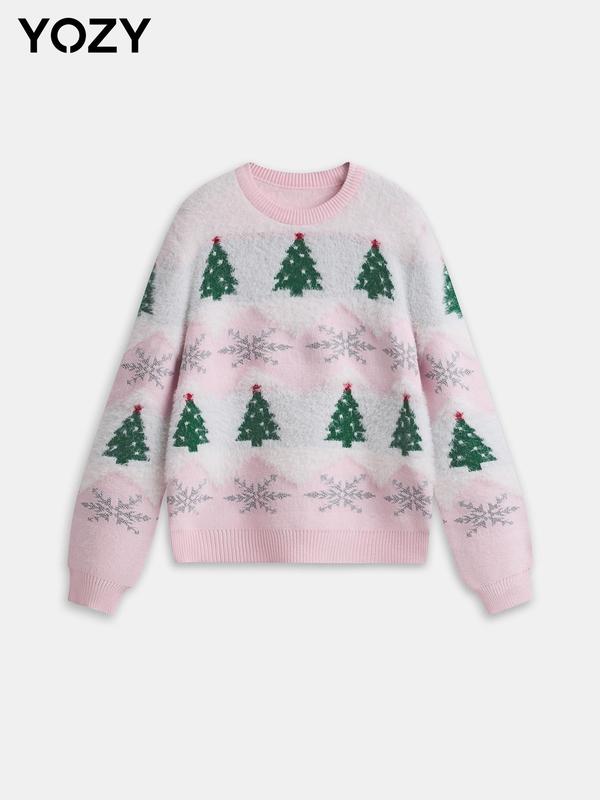 YOZY Women's Christmas Tree & Snowflake Print Drop Shoulder Sweater, Casual Long Sleeve Round Neck Jumper for Fall & Winter, Fashion Ladies' Knitwear for Daily Wear