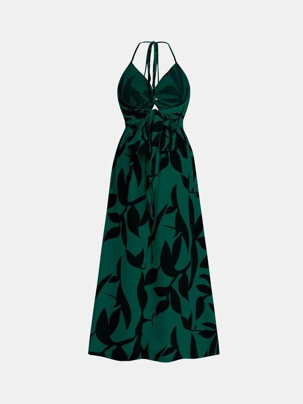 YOZY Christmas Deals, Leaf Print Backless Cut Out Twist Dress, Dresses for Women, Elegant Halter Neck Tie Dress, 2024 Women's Vacation & Holiday Wear for Summer's Beach, Christmas 2024 Trend, Fall & Winter Clothes