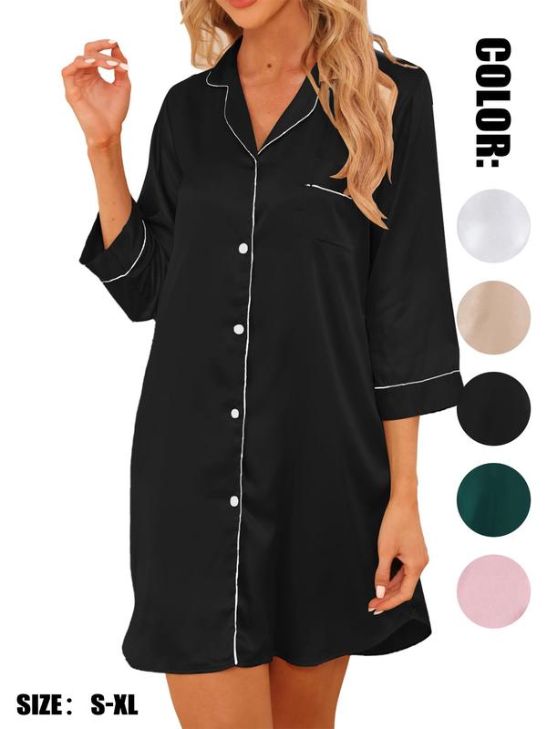 Women's Contrast Binding Lapel Satin Nightdress, Elegant Pocket Button Front Nightgown for All Seasons, Fashion Ladies' Sleepwear for Daily Wear