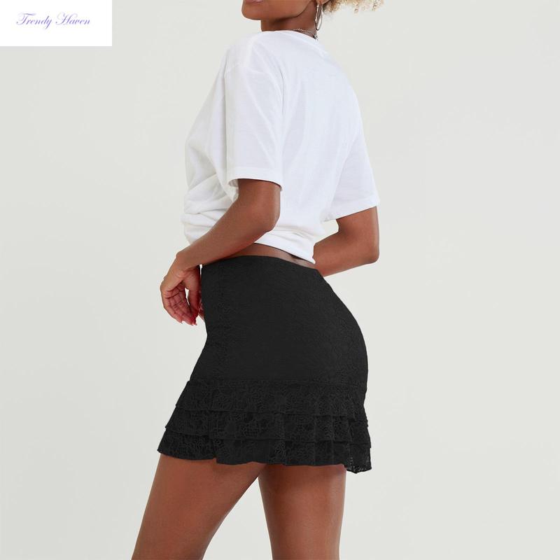 Women's Fashion Mini Skirts Lace Ruffles Skirts Summer Fashion Casual Skirts Streetwear Square Neck