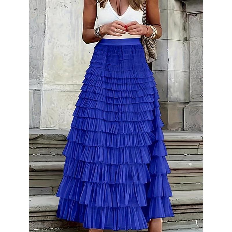 Women's Basic Minimalist Plain Ruffle Hem Tiered Layer Skirt, Lady Elegant Comfort High Waist Long Skirt for Vacation Holiday Party, Skirts for Women, Ladies Bottoms for Fall, Womenswear