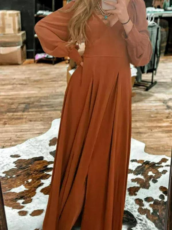 Women's Plain Shirred Split Thigh A Line Dress, Elegant Bishop Sleeve Deep V Neck Maxi Dress for Party Holiday Wedding Guest, Ladies Spring & Fall Clothes