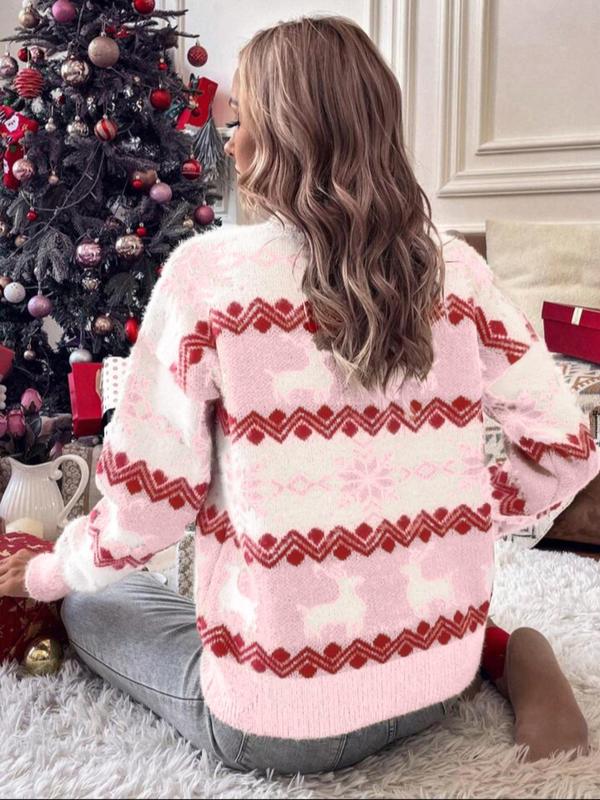 Women's Christmas Themed Drop Shoulder Sweater, Casual Long Sleeve Round Neck Jumper for Fall & Winter, Fashion Ladies' Knitwear for Daily Wear