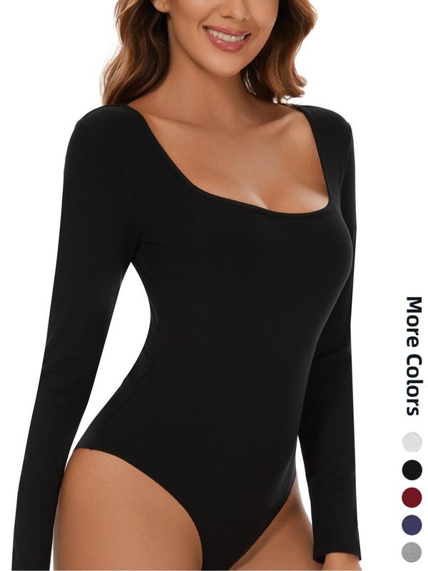 Women's Solid Color Square Neck Button Closure Crotch Shapewear Bodysuit, Casual Comfy Long Sleeve Shaper Bodysuit, Ladies Shapewear for Daily Wear, Fall Wear, Fallfreshness