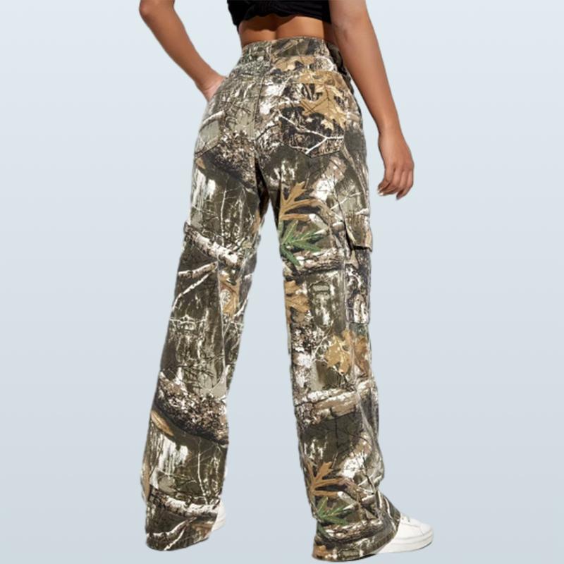 Camouflage jeans women's high waist patchwork button color matching loose wide-leg pants Embroidery print camouflage pants 2024 spring new fashion mid-waist splicing zipper casual loose straight pants