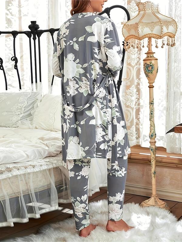 Three-Piece Set Women's Floral Print Belted Lounge Robe & Cami Top & Elastic Waist Pants Pyjama Set, Casual Comfy Lounge Set for Women, Women's Sleepwear for All Seasons