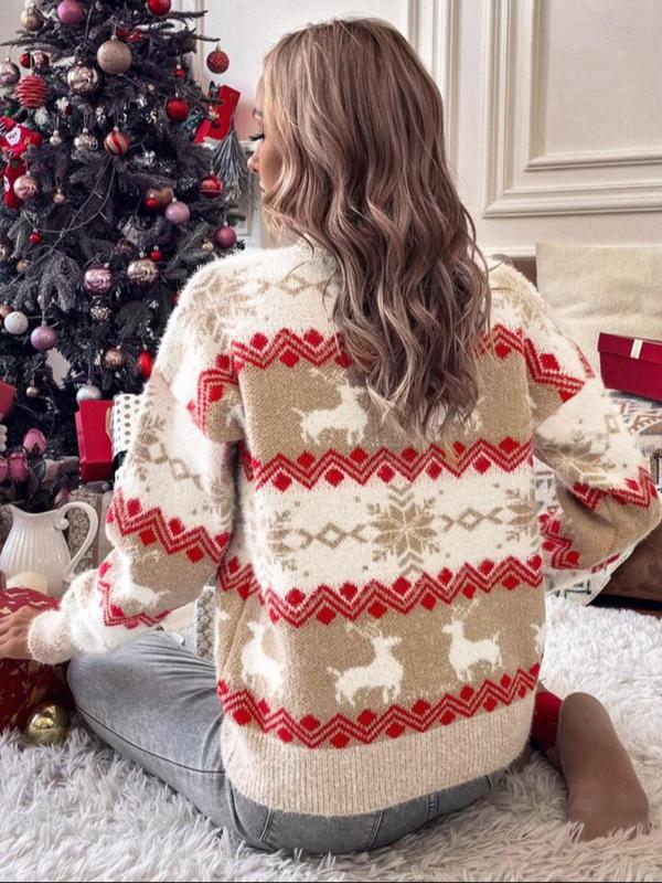 Women's Christmas Themed Drop Shoulder Sweater, Casual Long Sleeve Round Neck Jumper for Fall & Winter, Fashion Ladies' Knitwear for Daily Wear