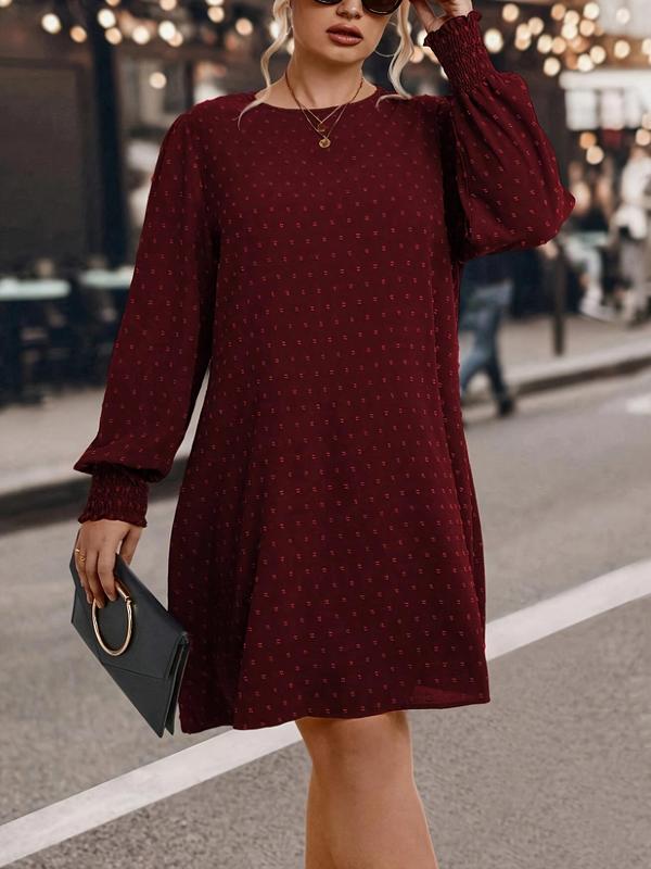  Swiss Dot Print Keyhole Neck Bishop Sleeve Dress, Casual Long Sleeve A Line Dress for Spring & Fall, Women's Clothes for Daily Wear